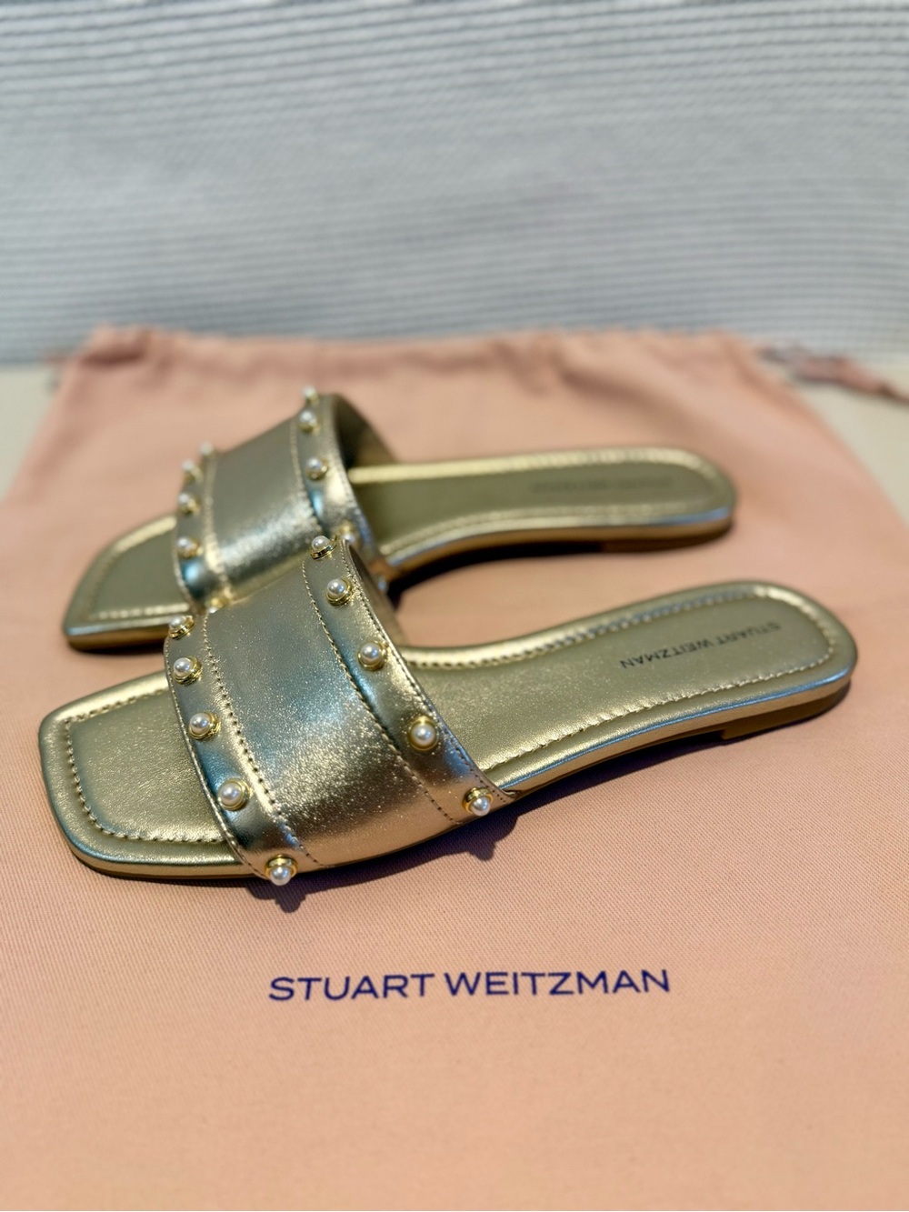 Stuart Weitzman Metallic Gold Pearl-Stud Slide Sandals